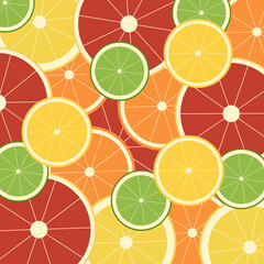 Citrus background of grapefruit, orange, lemon, lime and pomelo slices.