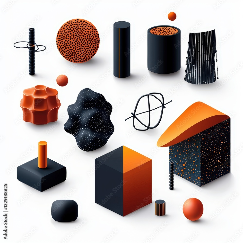 Poster abstract 3d shapes in orange and black colors, showcasing unique patterns and structures for modern 