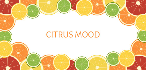 Citrus background frame of grapefruit, orange, lemon, lime, pomelo slices. With space for text. Vector. Transparent background