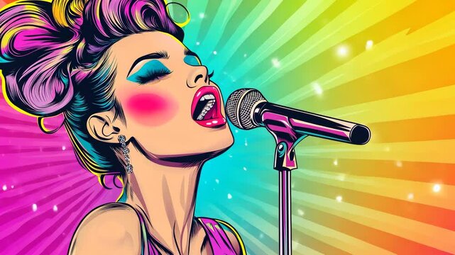 Pop art concept singing artist. Colorful background in pop art retro comic style. Pop art animation video.