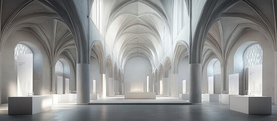 Naklejka premium A Large Interior Features Arches Columns and Clean White Walls