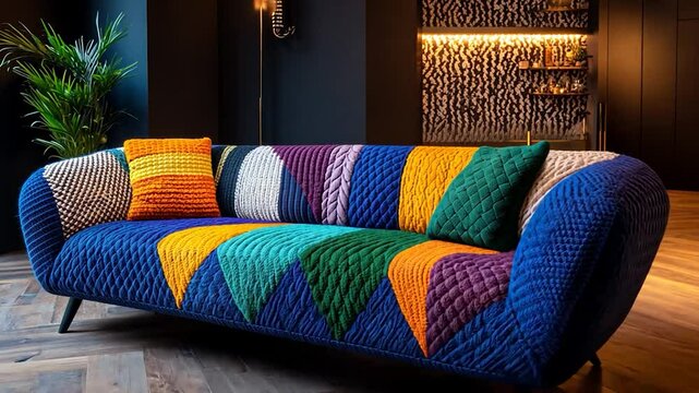 Colorful sectional sofa with patterned cushions