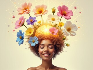 Mujer con un cerebro brillante y flores vibrantes floreciendo dentro de su cabeza