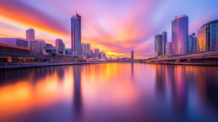 Fototapeta premium Cityscape Sunset: A breathtaking view of a modern cityscape reflects in the serene waters below, under a vibrant and colorful sunset sky, a long exposure creating a stunning visual