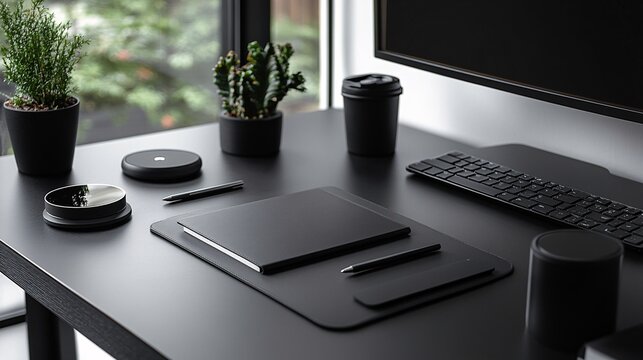 A minimalist modern desk featuring various work related objects