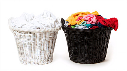 Two baskets of laundry. One is white with white clothes and the other one is black with colourfull clothes.