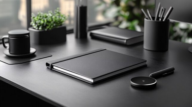 Black office desk with various stationary and small plants
