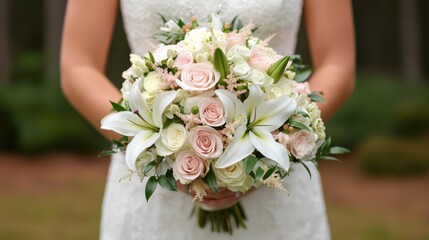 floral wedding bouquet lilies ceremony, Bridal bouquet featuring pale roses and lilies in a serene outdoor setting.