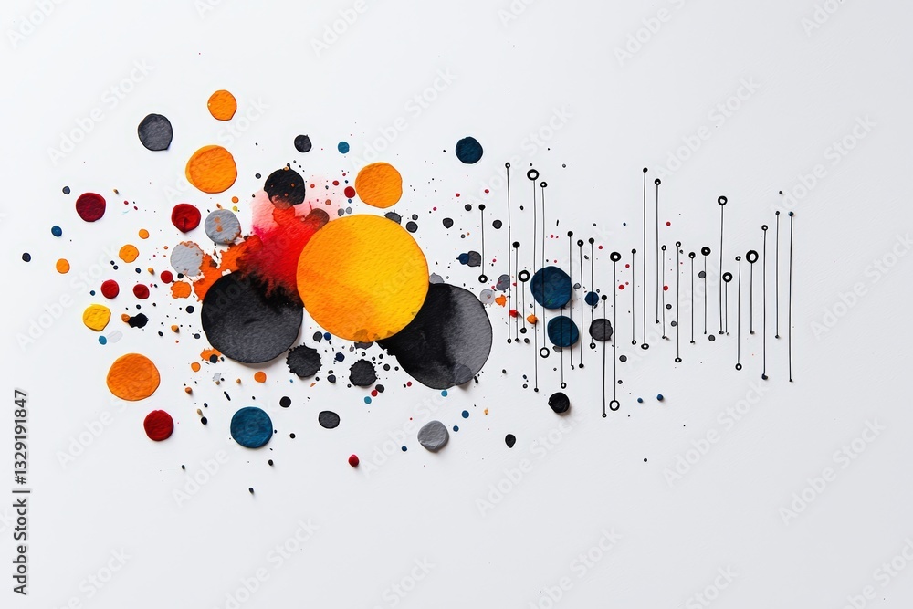 Poster abstract art featuring vibrant circles and dynamic lines, creating a visually striking composition f