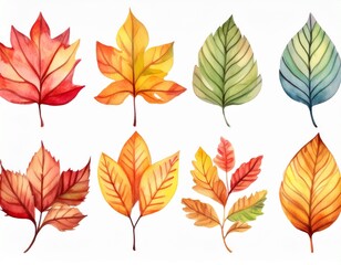Obraz premium Generated image Autumn leaves watercolor set. Beautiful fall foliage. Seasonal decor. Botanical clipart