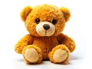 Close-up of an adorable, soft teddy bear, whimsically tilted, isolated on white.