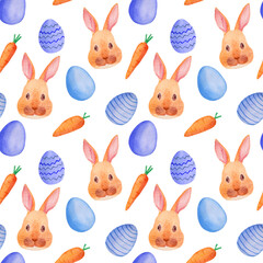 Seamless pattern Easter. Watercolor illustration of a rabbit face, blue eggs, carrots. Cute ears.