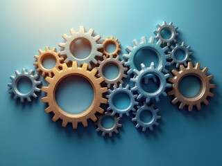 Estructura de trabajo en equipo representada como un conjunto de engranajes intrincadamente interconectados en una mezcla de tonos metálicos