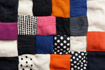 A lively emblem woven from repurposed fabric strips of polka-dot cotton and velvety corduroy, each
