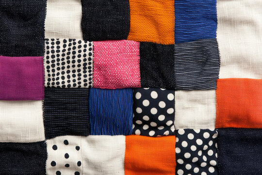A lively emblem woven from repurposed fabric strips of polka-dot cotton and velvety corduroy, each