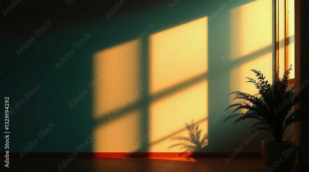 Poster a window with a plant in a pot is letting in sunlight. the room is empty and the plant is the only o
