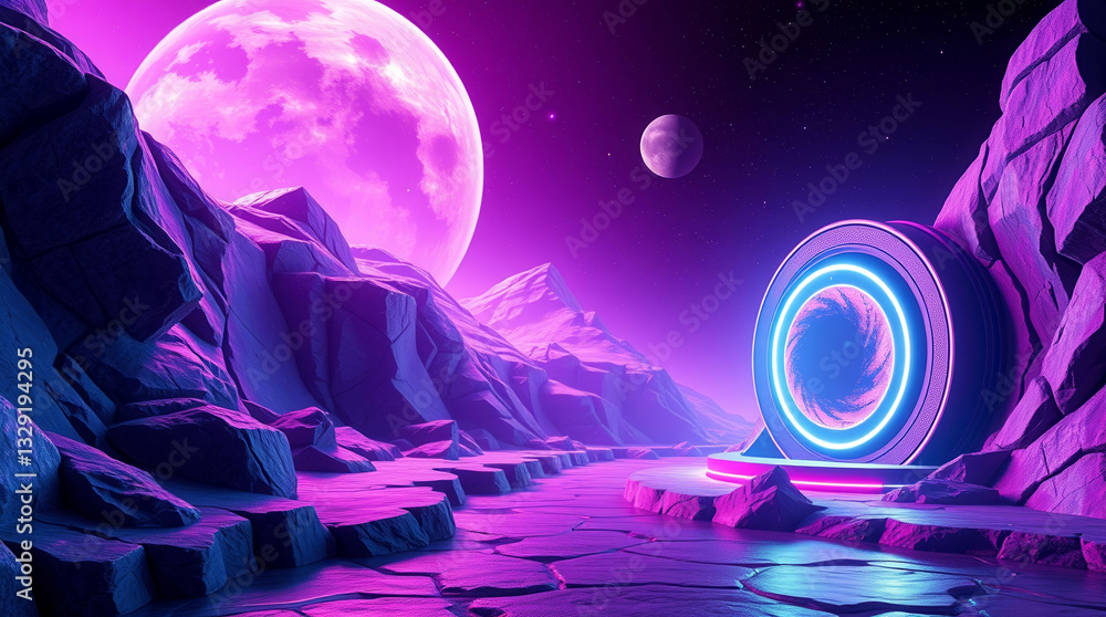 Poster a purple and neon lighted space with a large circular structure in the middle. the sky is filled wit