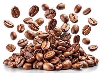 Obraz premium Crisp, high-resolution coffee bean photography; falling beans against a pure white background, with a clipping path provided.