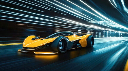 Obraz premium Sleek yellow futuristic race car speeding on an illuminated highway at night