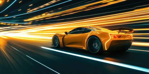 Sleek yellow sports car racing through neon light trails at high speed