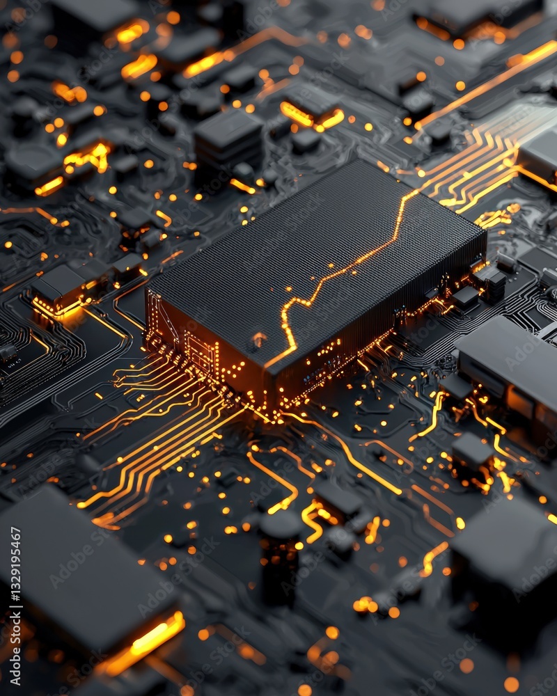 Aufkleber abstract close-up of a circuit board with glowing orange pathways and components, showcasing technol