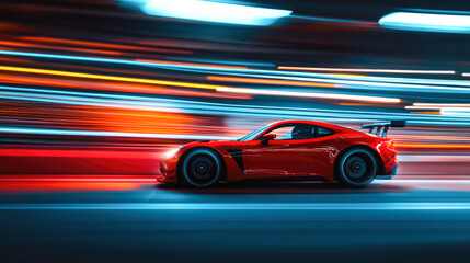 Obraz premium Sleek red sports car racing at high speed in vibrant neon cityscape