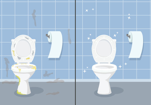Dirty toilet and clean shiny toilet before and after cleaning in the bathroom