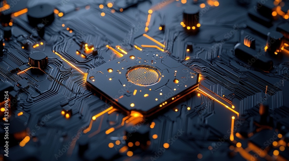 Poster abstract close-up of a glowing circuit board with intricate details, showcasing technology and innov