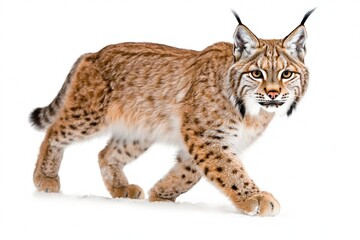 Obraz premium Eurasian Lynx Walking in Snow Against White Background