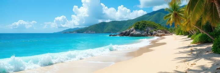 Fototapeta premium Azure ocean waves lap sandy cove, palm trees sway in breeze, hills surround , nature, stock photo