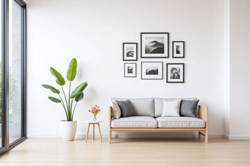 living room with white couch and pictures on the wall