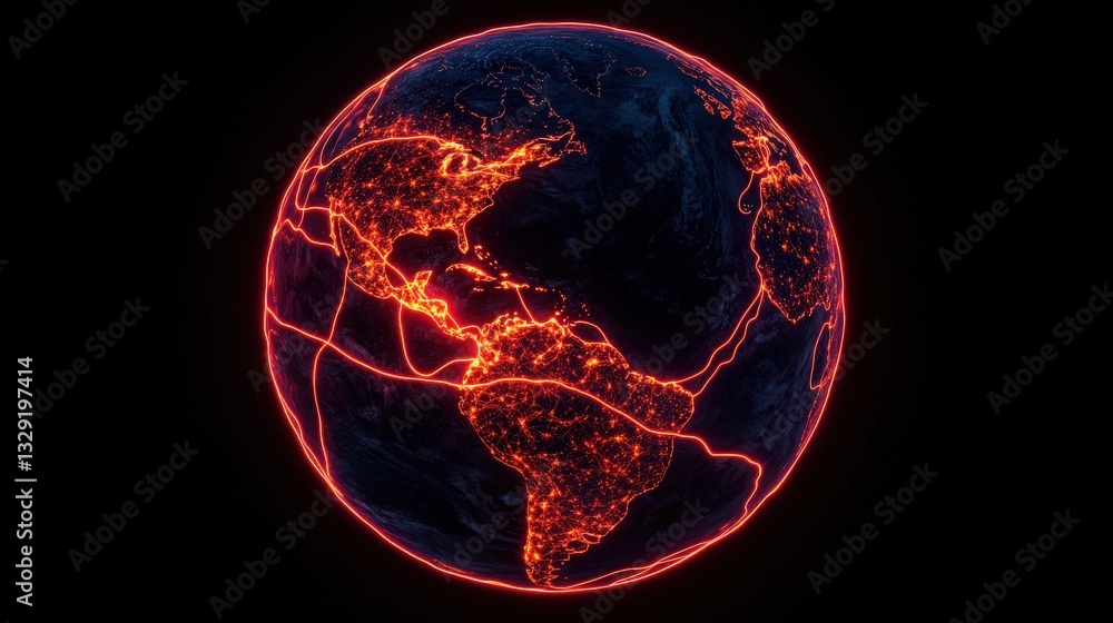 Poster climate tech carbon grid concept. glowing earth with illuminated lines representing connectivity.