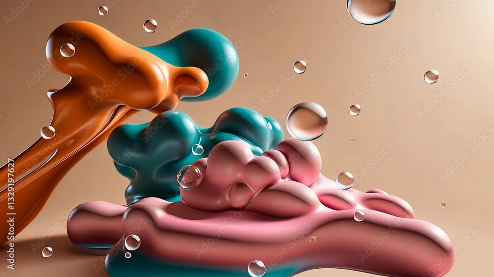 Poster abstract fluid art composition with vibrant glossy liquid shapes and floating water droplets on a sm
