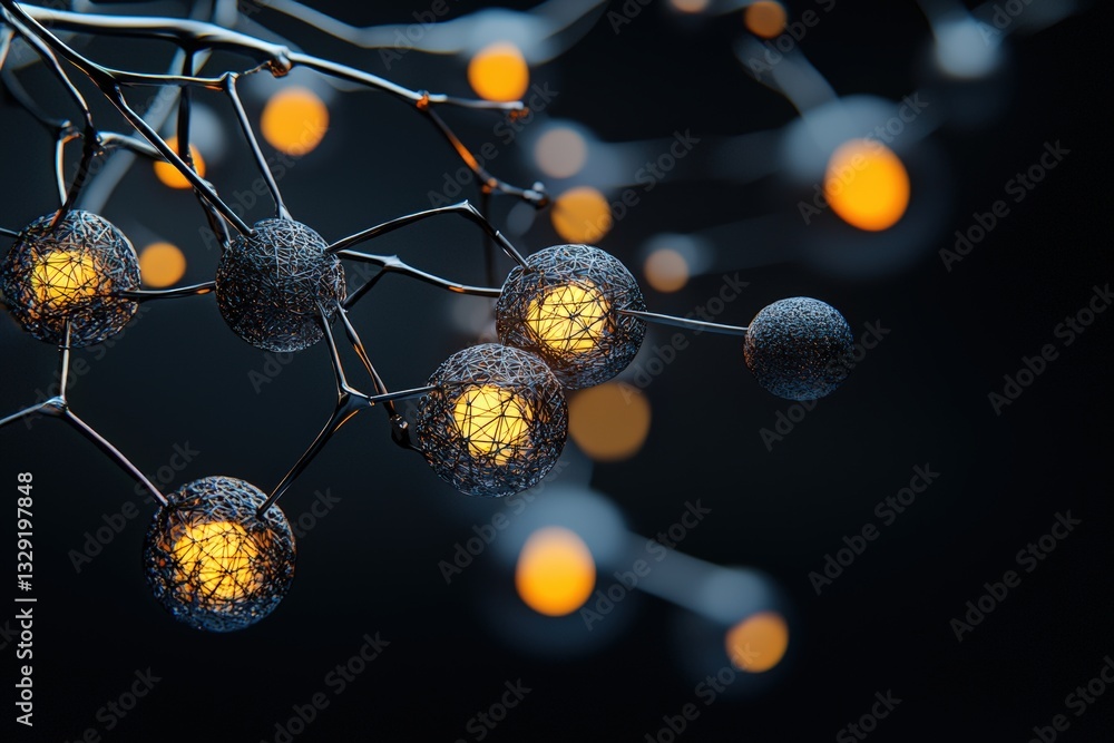 Poster abstract composition featuring glowing spheres connected by branches, creating a captivating play of