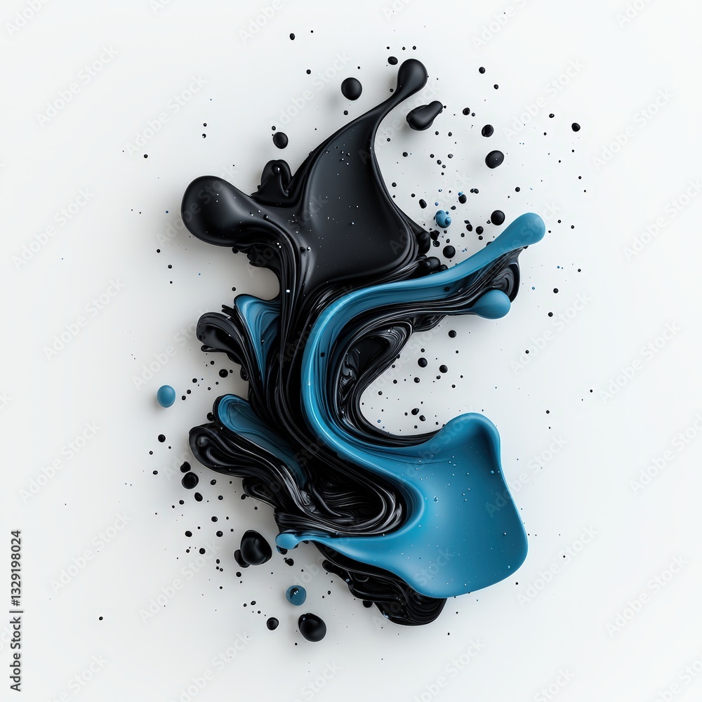 Poster abstract composition of black and blue paint splashes, creating dynamic shapes and textures on a whi