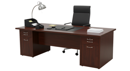 Modern Executive Office Desk Setup Dark Wood Furniture room lamp work home neat chair table brown   