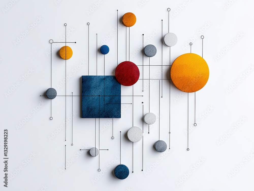 Poster abstract composition of colorful shapes and lines on a minimalistic background, creating a modern ar
