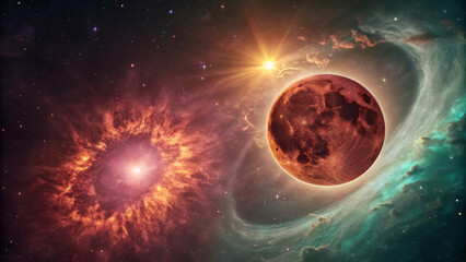 Obraz premium Blood Moon Eclipse with Radiant Corona Effect: A Stunning Fantasy-Sci-Fi Celestial Phenomenon