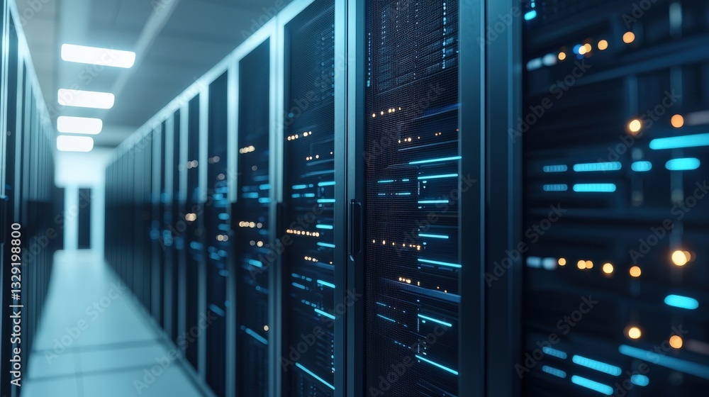 Poster climate tech carbon grid concept. data center with illuminated server racks and technology infrastru