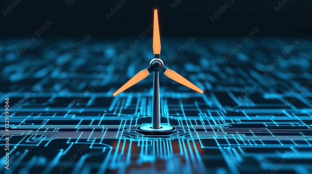Poster climate tech carbon grid concept. wind turbine on digital circuit background representing renewable 