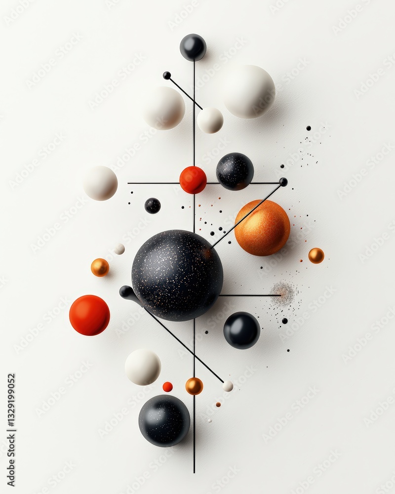 Poster abstract composition of spheres and lines in contrasting colors, creating a modern artistic design f