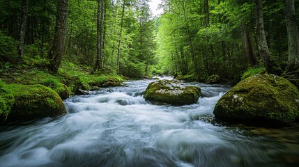 Obraz premium Serene rushing stream in an enchanted forest a tranquil nature scene