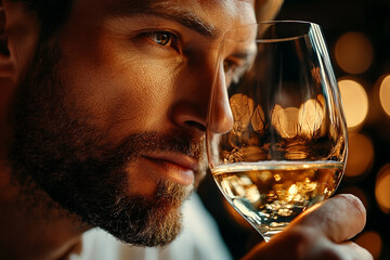 Man examines glass of wine in cozy setting at night