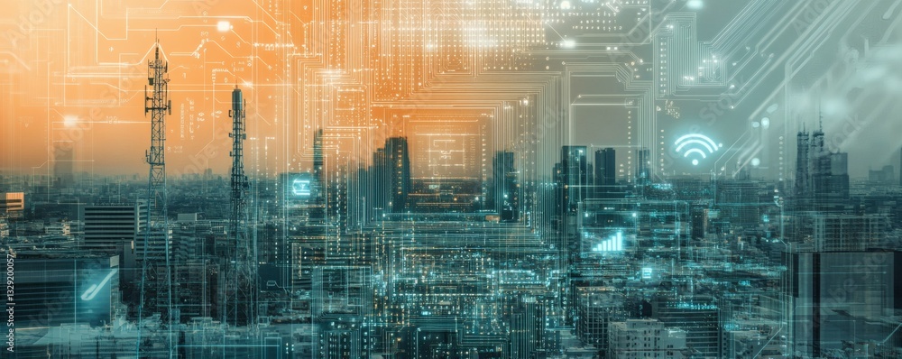 Aufkleber visualization depicting city infrastructure and technological communication networks concepts