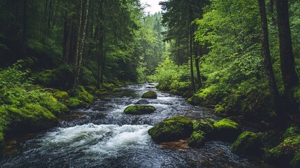 Obraz premium Flowing river amidst lush green forest nature photography tranquil landscape serene environment