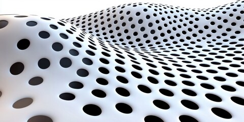 Elegant black and white object with flowing dots and particles in a sophisticated 3d curved halftone wave