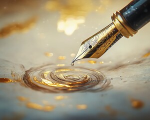 Antique quill pen dripping watercolor into abstract galaxies on parchment