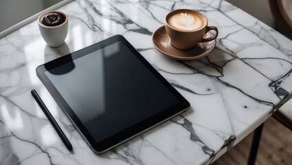 Cozy cafe setting with a tablet, coffee, and a warm atmosphere during a leisurely afternoon