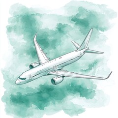 Obraz premium Stylized Illustration of Airplane Flying Above Soft Green Watercolor Background