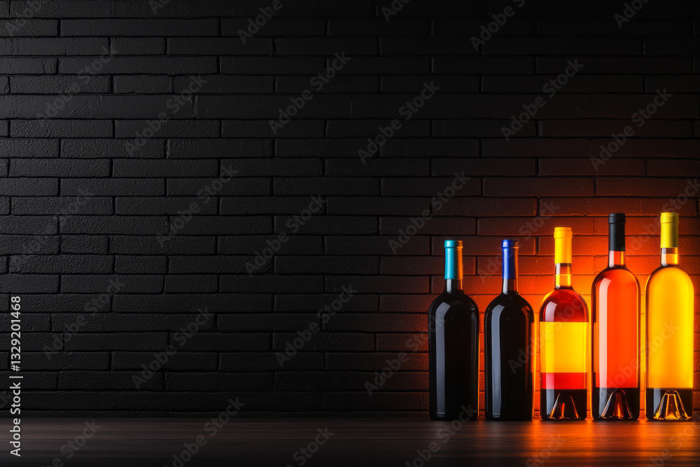 Poster a row of assorted wine bottles standing in a neat line on a sturdy wooden shelf, the warm glow of